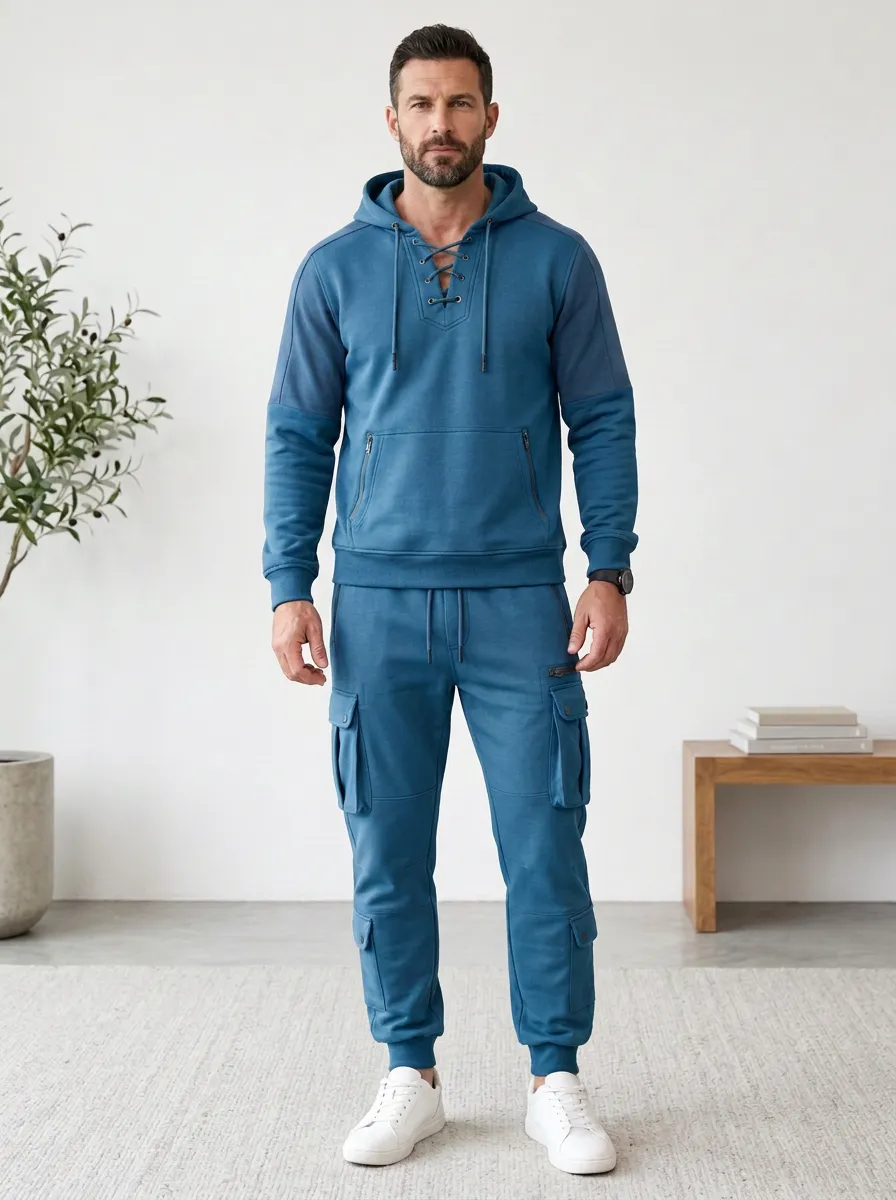 Streamlined Lace-Up Multi Pocket Active Look Men's Lace Up Hoodie And Cargo Jogger Set