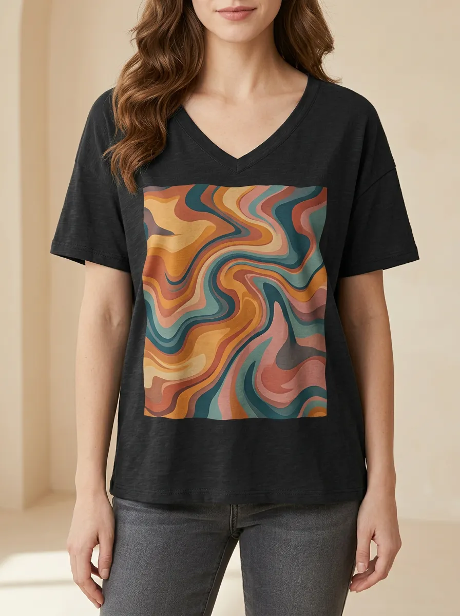 Women's Retro Aesthetic Abstract Swirl Printed V-Neck T-Shirt