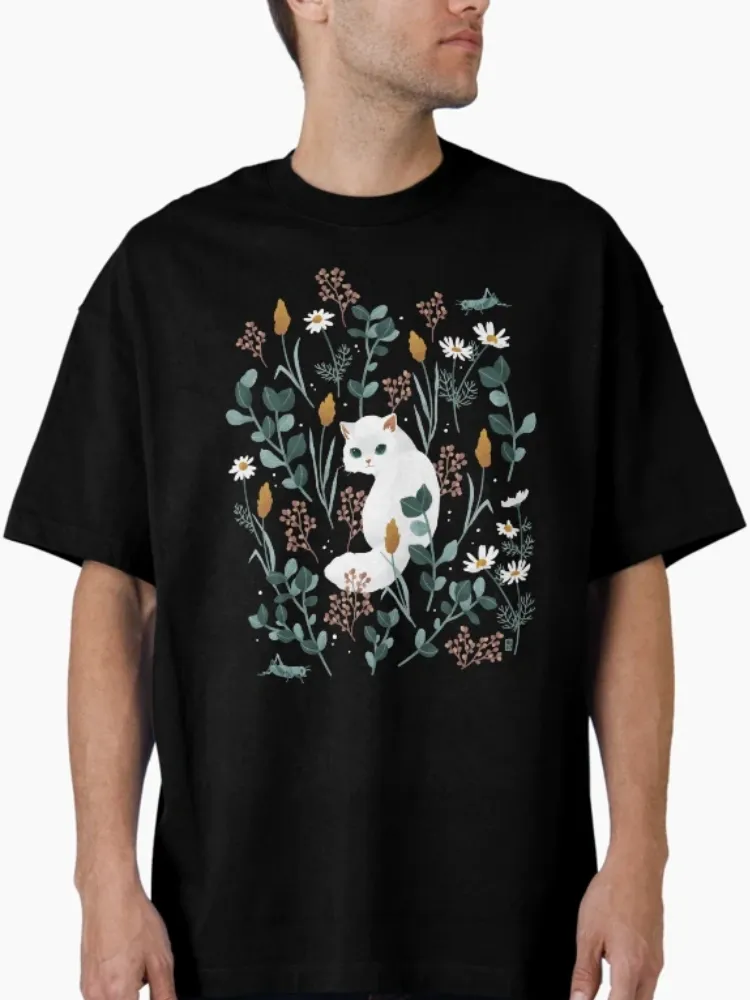 Women's Stylish Garden Cat & Floral Print Crew Neck Short-Sleeve T-Shirt