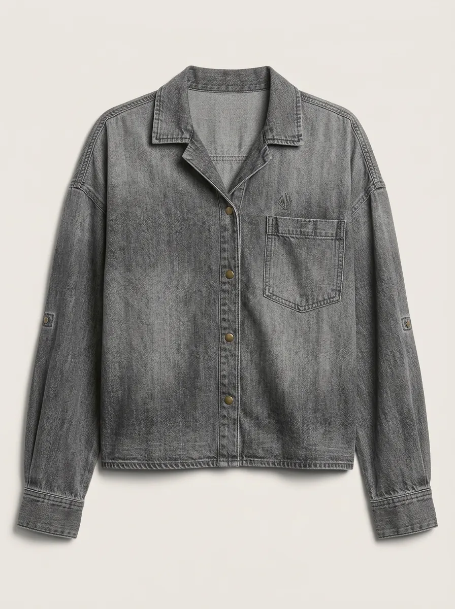 Women's Casual Shell Embroidered Grey Denim Shirt