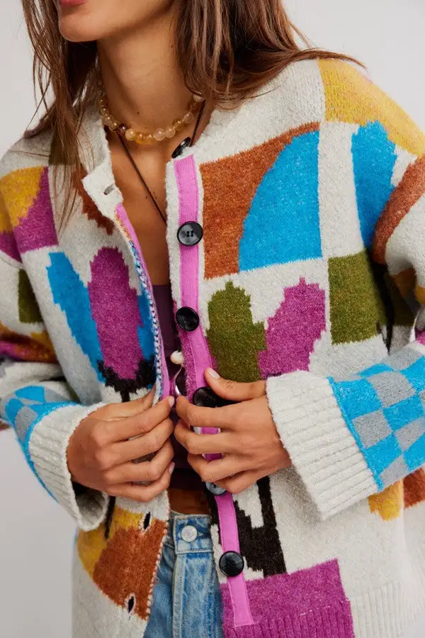 Abstract Colorful Art Knit Cardigan