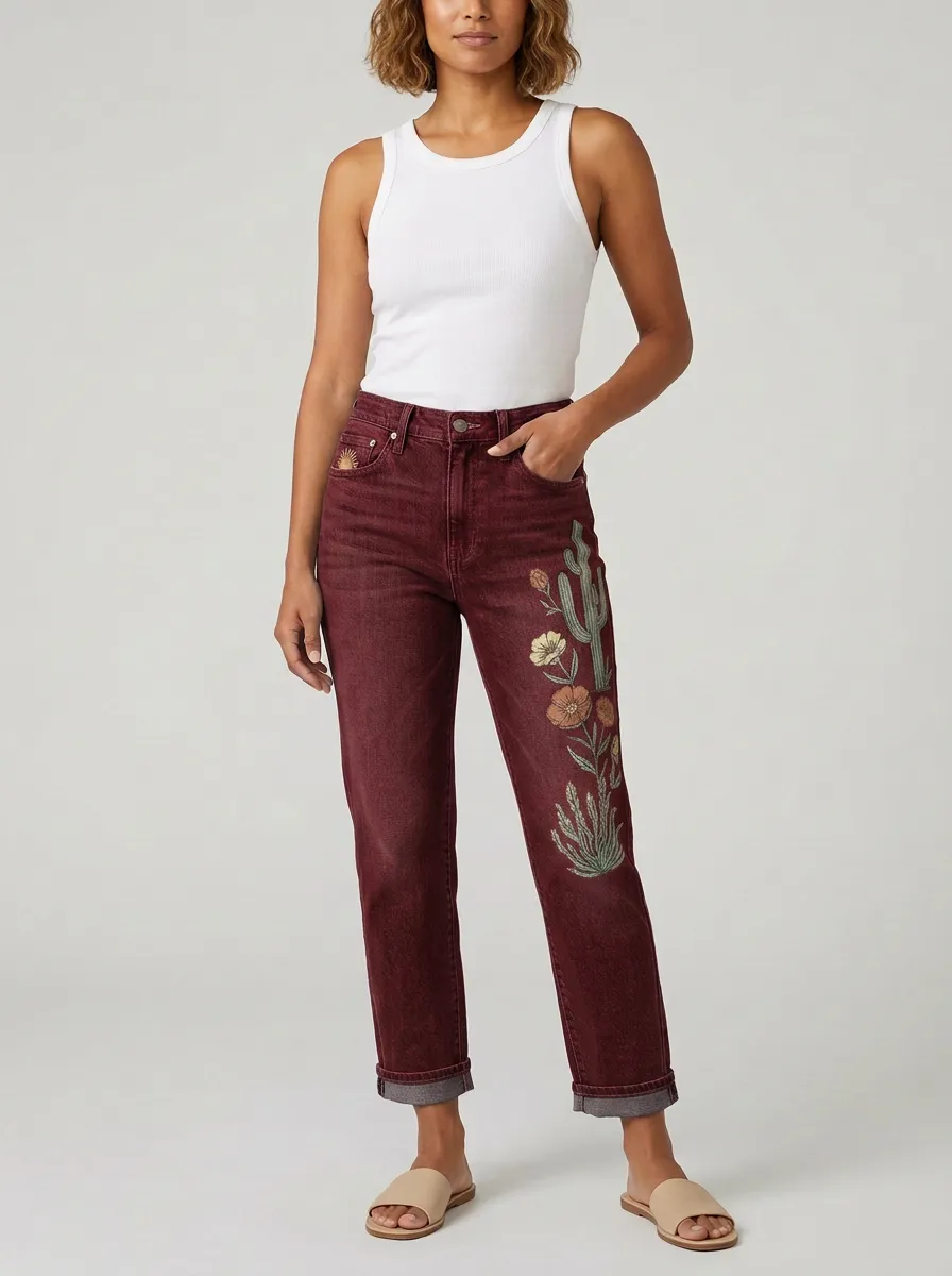 Women's Blue Embroidered Cactus Straight-Leg Straight Leg Jeans