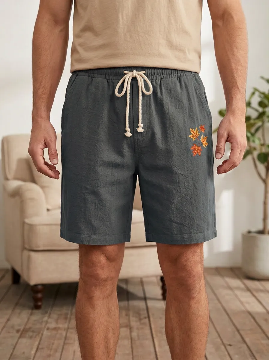 Rust Embroidered Leaf Drawstring Shorts