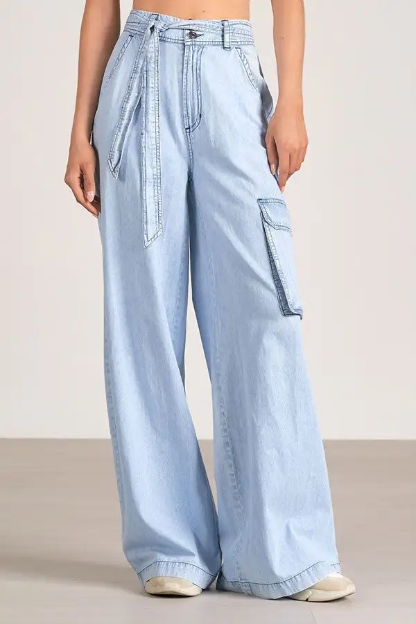 Women's Light Blue Denim Cargo Wide Leg Pants