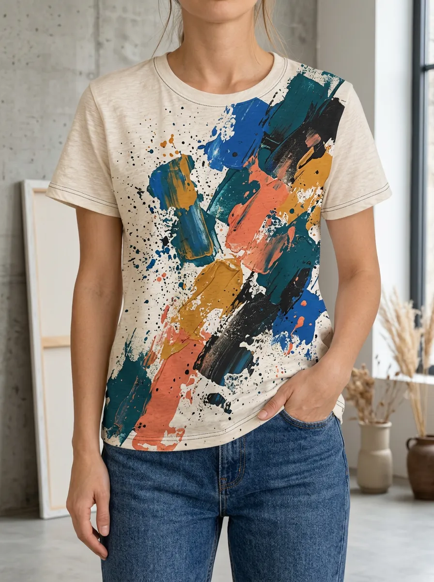 Women's Dynamic Abstract Art Paint Splatter Crew Neck T-Shirt