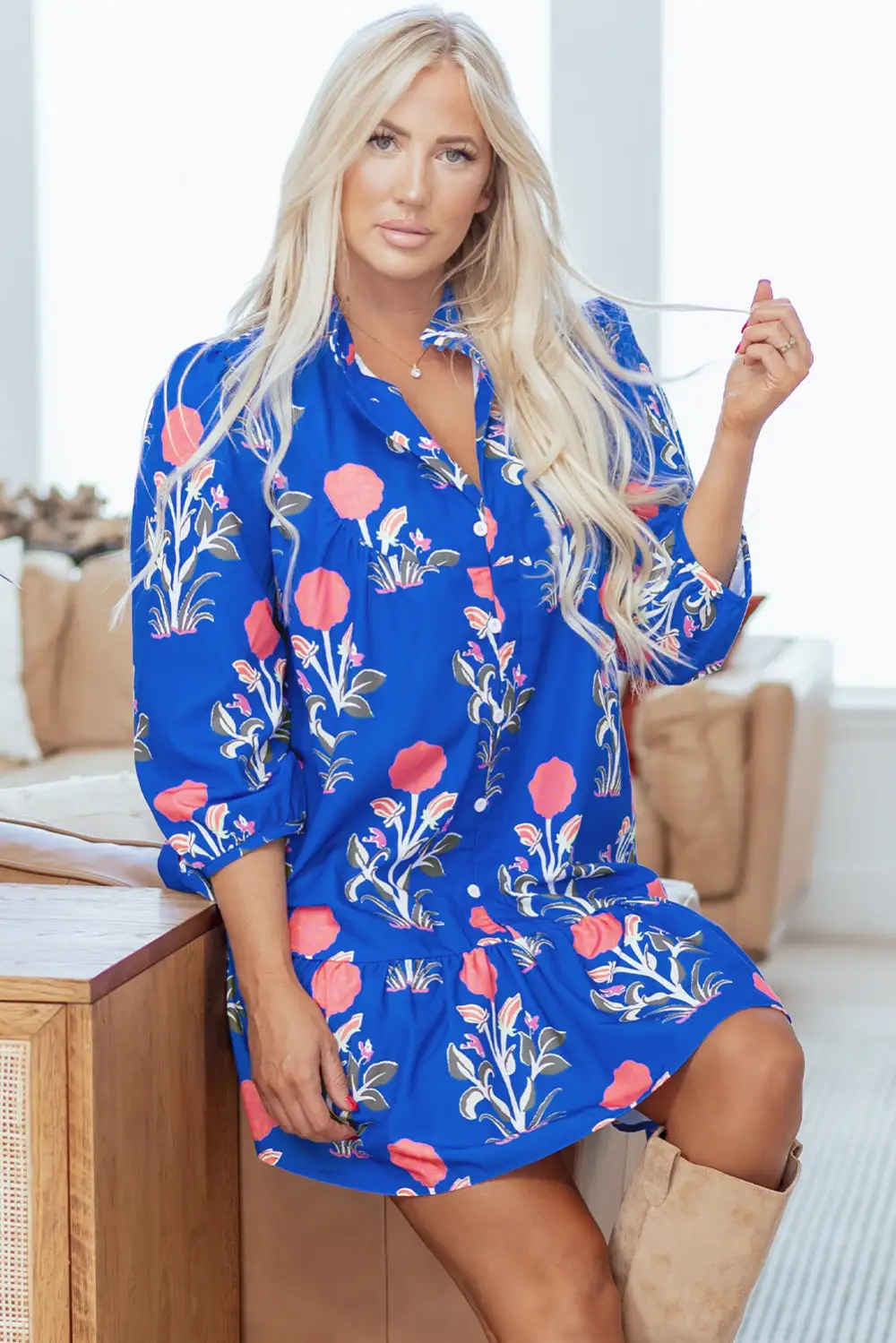Structured Shape Floral Printed Ruffle Dress