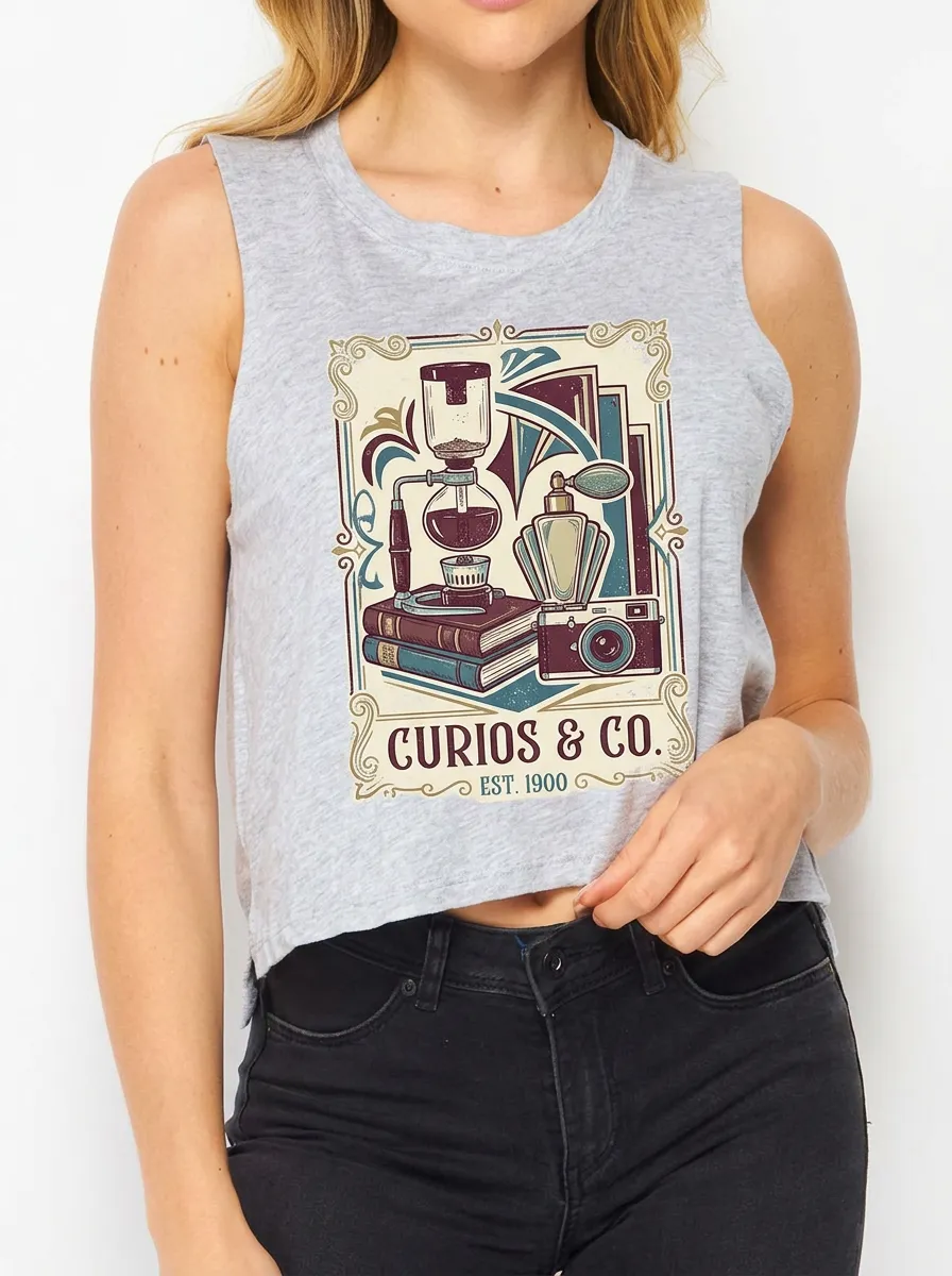 Women's Vintage Curios Coffee Camera Printed Crop Tank Top