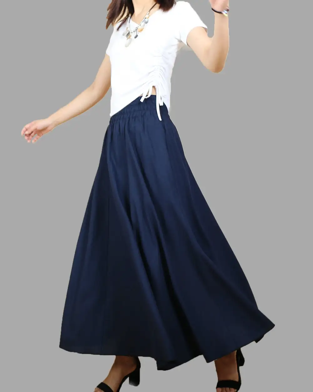 Pocketed Linen Flared Maxi Skirt