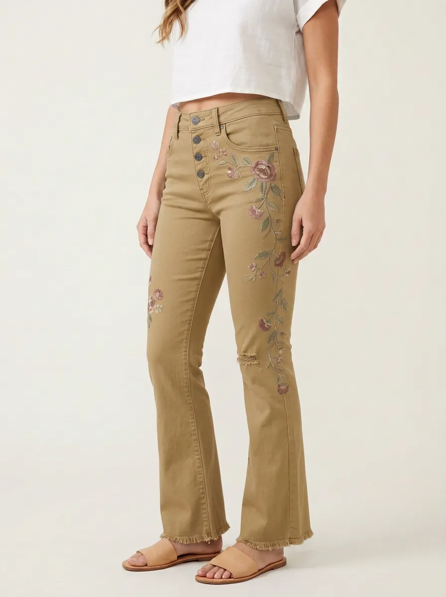 Women's Medium Wash Floral Embroidery High-Rise Raw Hem Flare Jeans