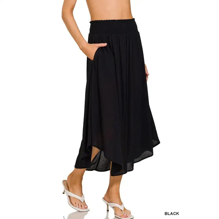 Casual Woven Crinkle Smocked Waist Maxi Skirt W Pockets