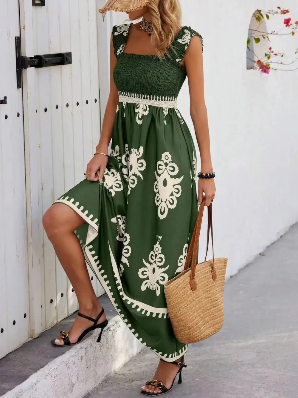Smocked Printed Wide Strap Maxi Dress