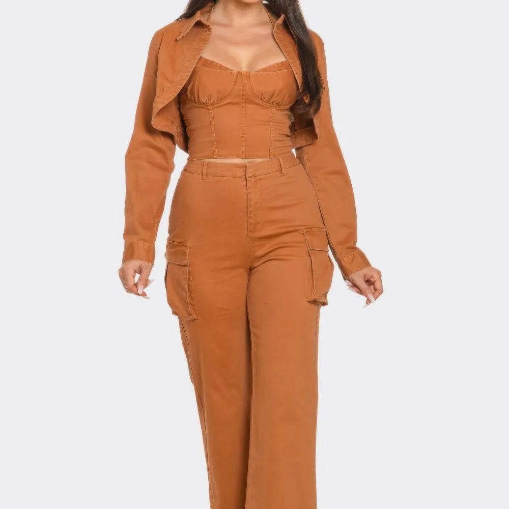 Textured Crop Jacket Three Piece Set