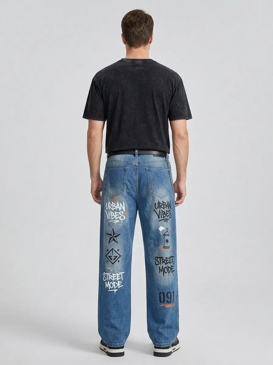 Unisex Nightlife-Inspired Streetwear Graffiti Jeans