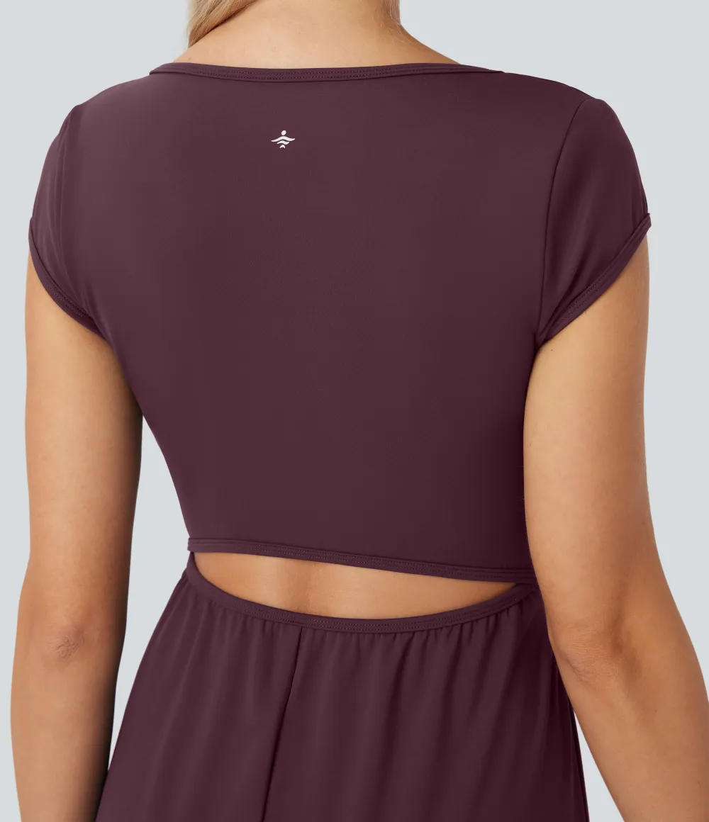 SoftlyZero Airy Short Sleeve Wide Leg Cool Touch Yoga Jumpsuit with Pockets-Easy Peezy Edition
