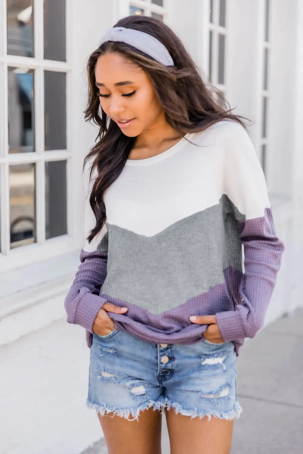 Chevron Waffle Color Block Sweatshirt