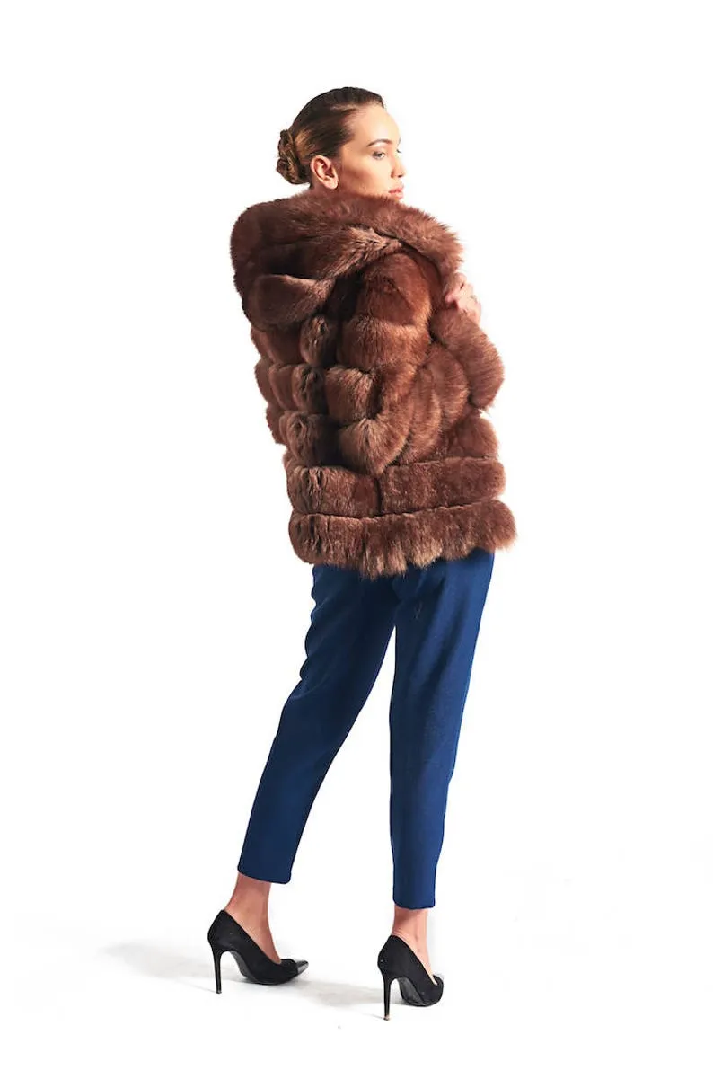 Brown Fox Fur Coat Women's Hooded