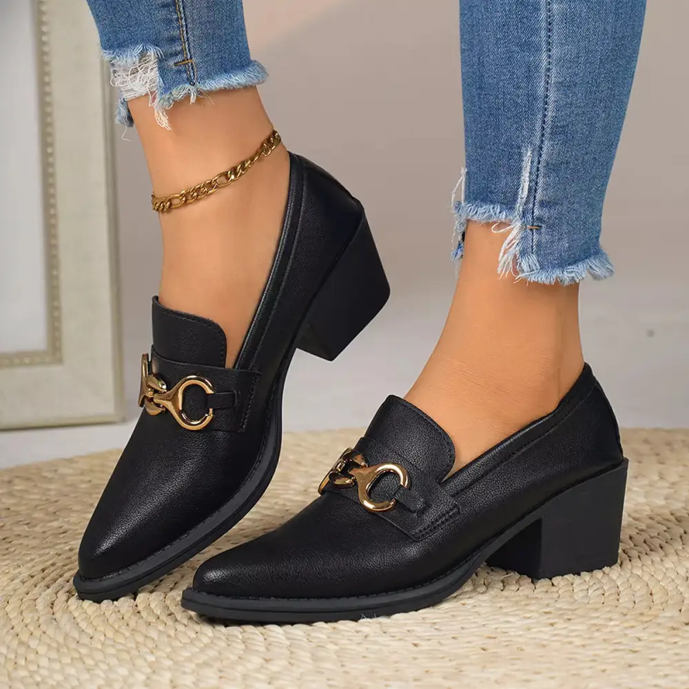 Textured Pointed Toe Block Heel Loafers