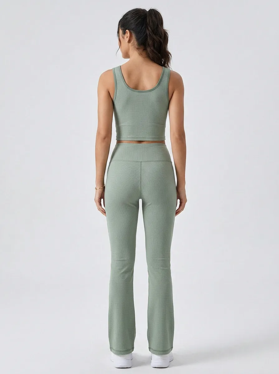 Ribbed Yoga Fitness Geometric-Detail Women's Tank Top Flare Pants Active Set