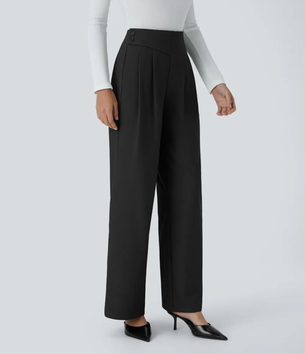  High Waisted Decorative Button Plicated Side Pocket Straight Leg Twill Work Pants