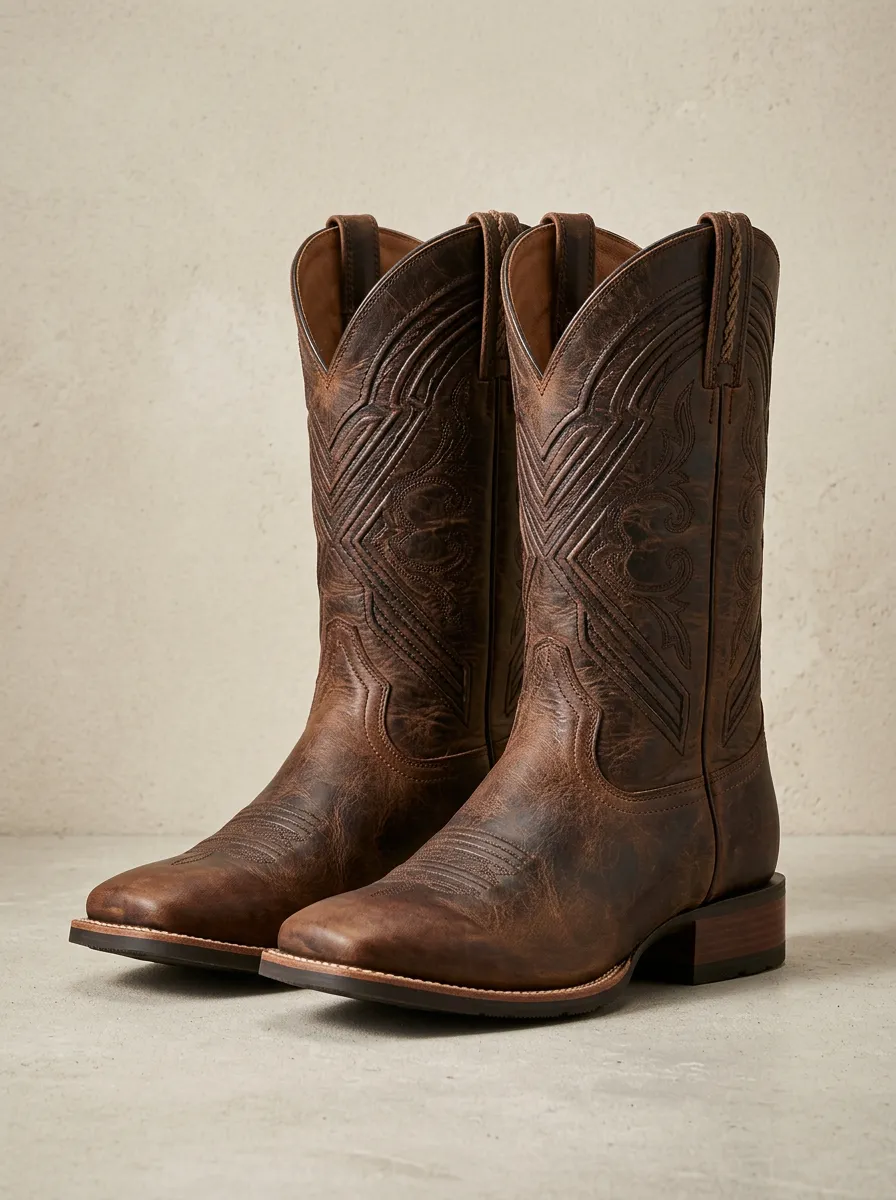 Men's Western Cowboy Distressed Leather Embroidered Printed Western Boots