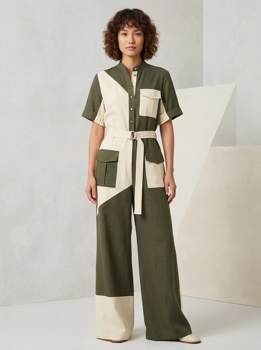 Women's Marin Casual Olive Beige Patchwork Colorblock Belted Jumpsuit