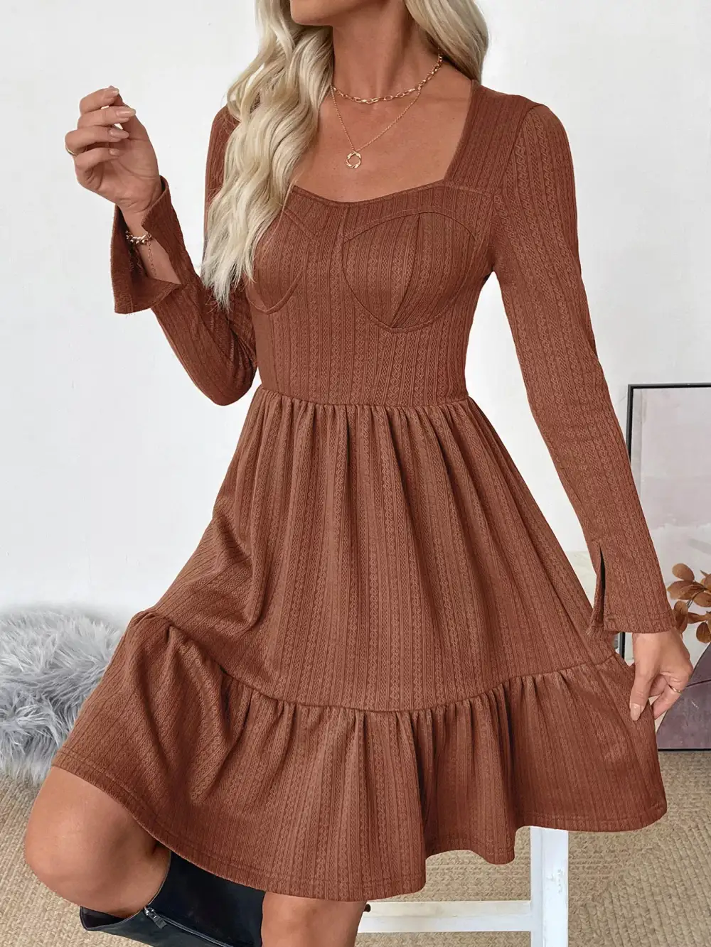 Knit Ruffle Long Sleeve Sweater Dress