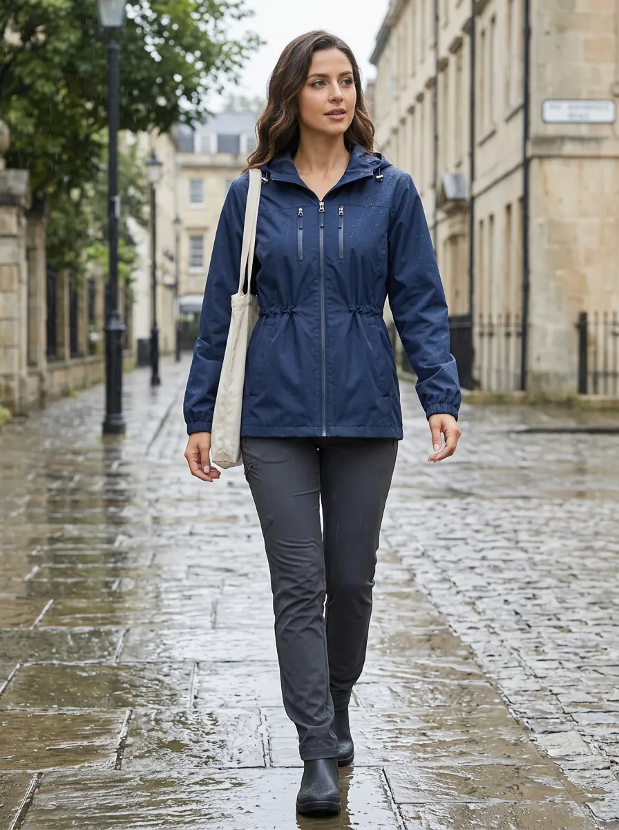 Women's Navy Waterproof Hooded Jacket