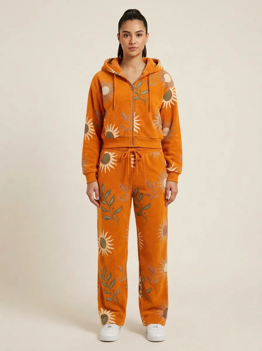 Women's Floral Print Zip-Up Hoodie And Jogger Set