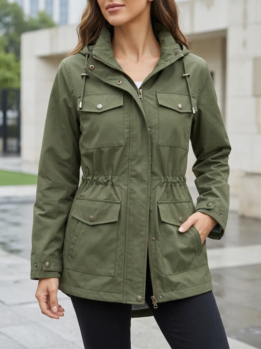 Women's Olive Green Hooded Utility Waterproof Jacket