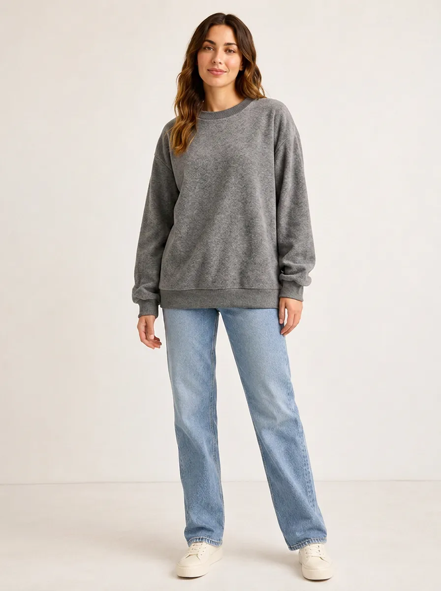 Women's Casual Minimalist Grey Solid Printed Sweatshirt