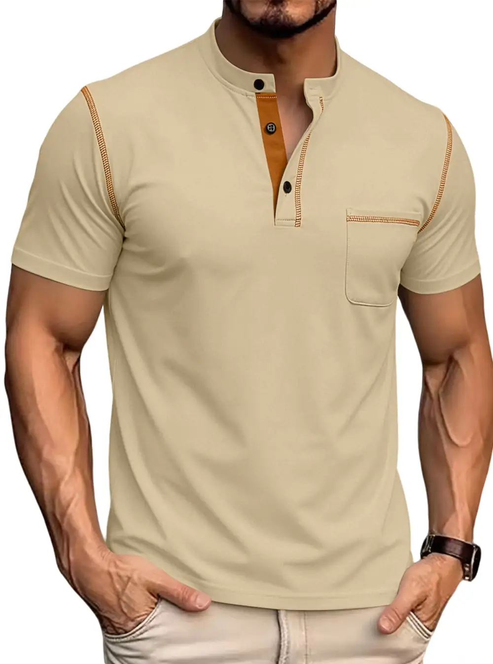 Button Placket Stand Collar Chest Pocket Cotton Polo Shirt