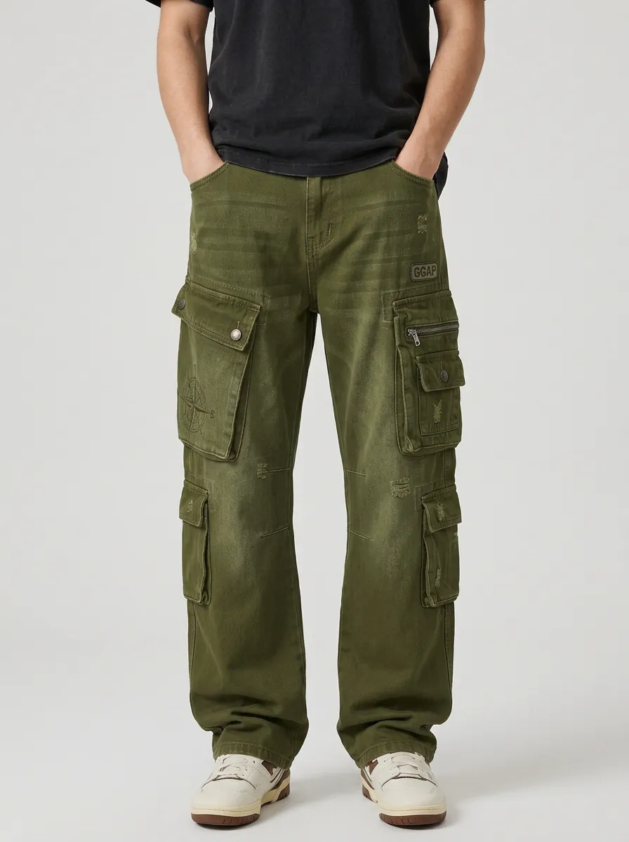 Men's Vintage Compass Graphic Distressed Multi-Pocket Cargo Jeans