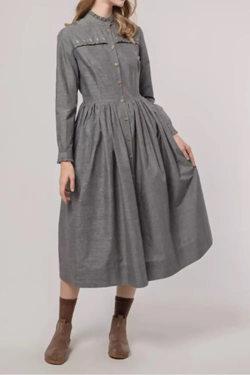 Cotton Blend Fit And Flare Ruffle Long Sleeve Midi Dress