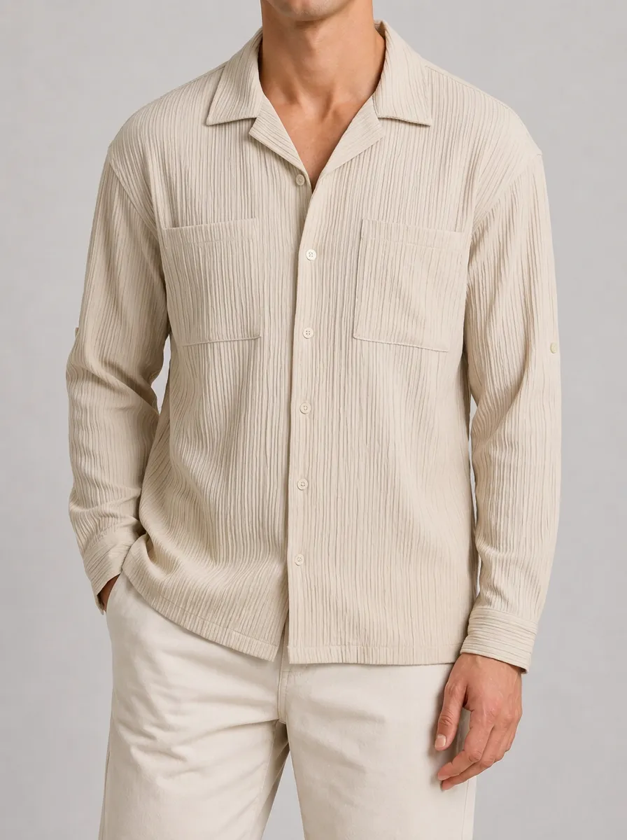 Men's Casual Beige Textured Button Down Shirt