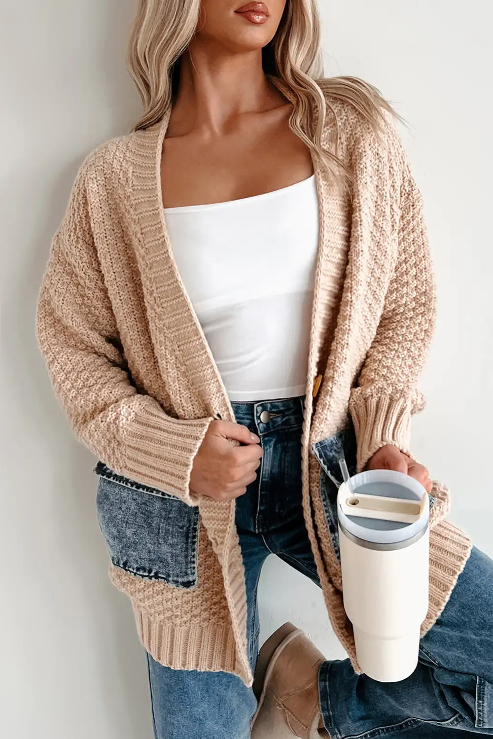 Pocketed Open Front Patchwork Cardigan