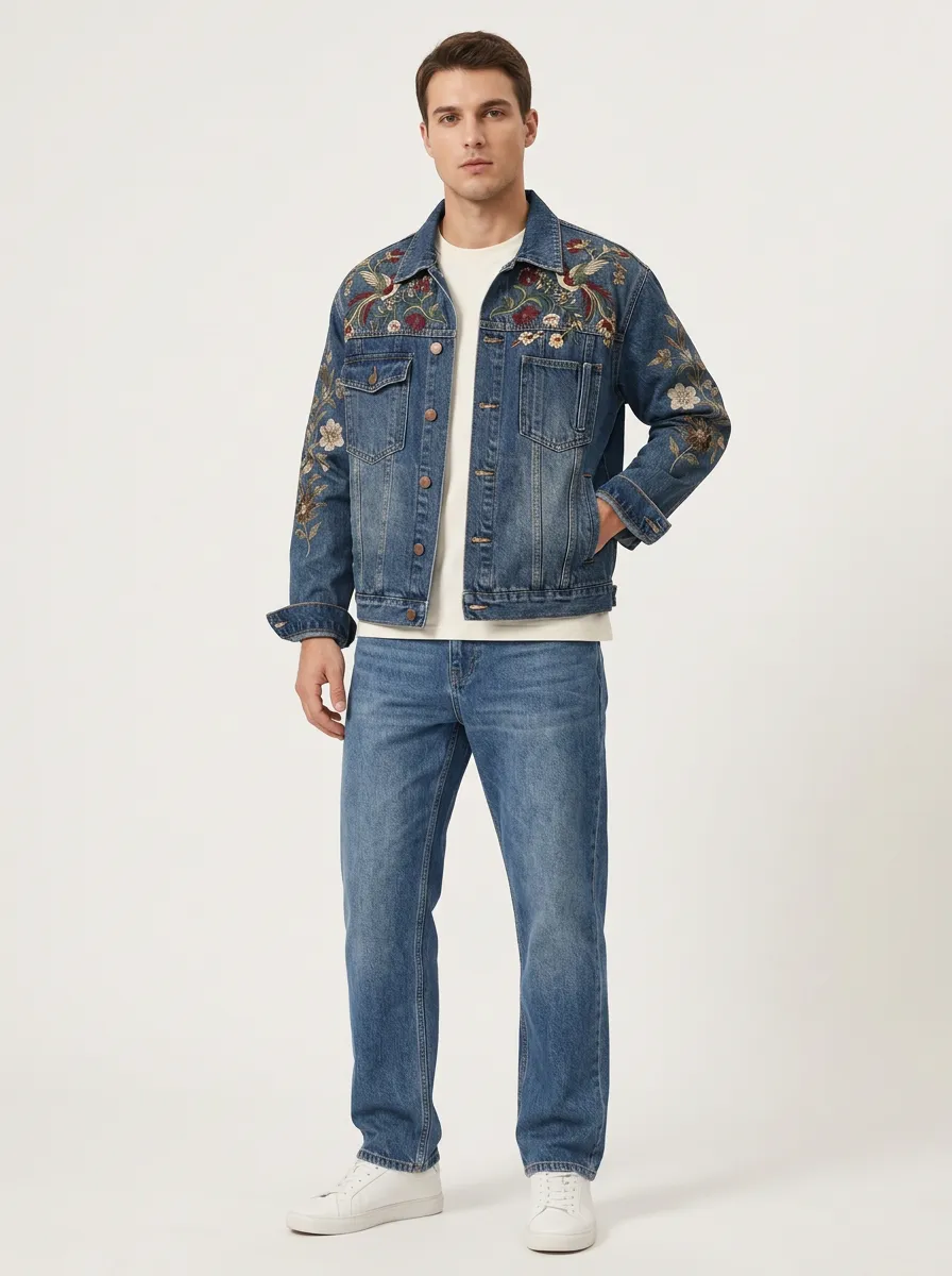 Men's Ornamental Floral Vintage Inspired Denim Jacket