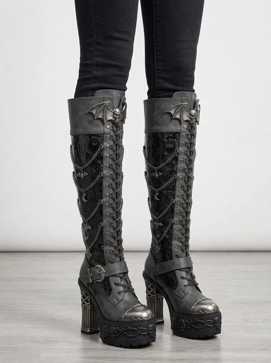 Heritage Skull Bat Chain Style Women's Gothic Platform Boots
