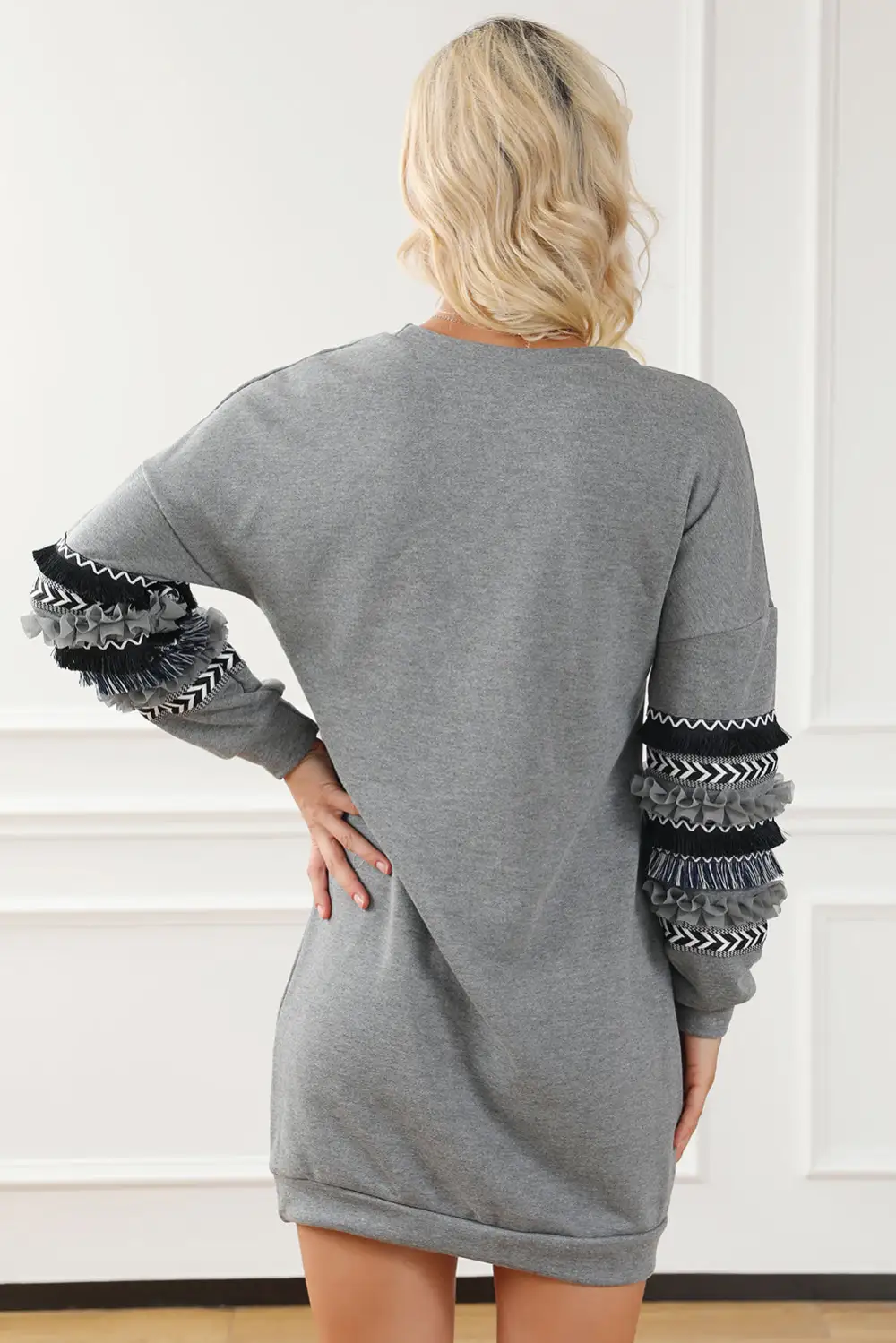 Dark Printed Fringed Ruffled Accent Sweatshirt Dress