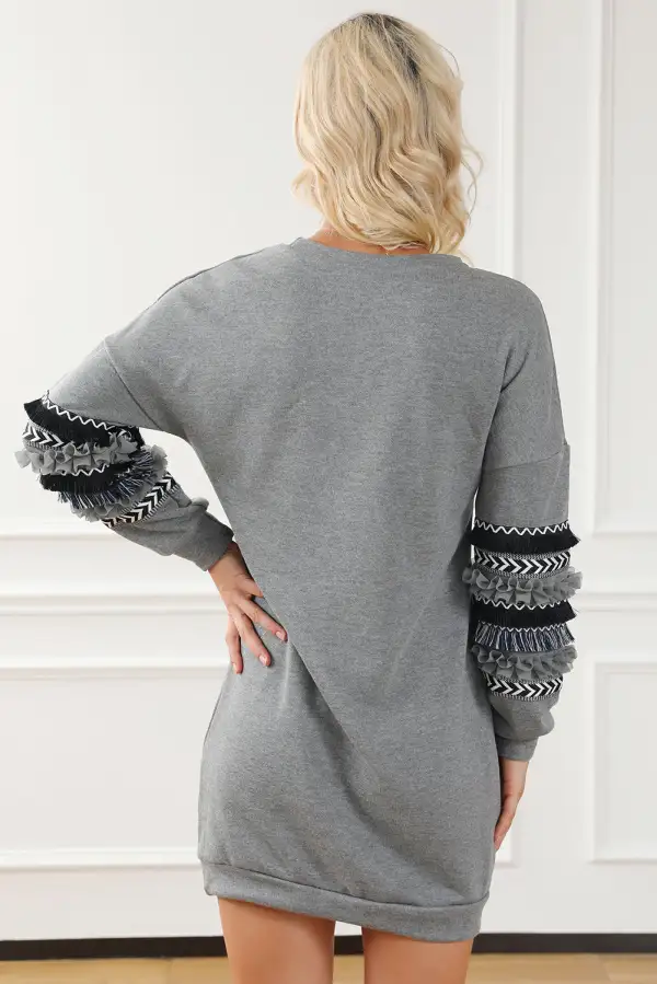 Dark Printed Fringed Ruffled Accent Sweatshirt Dress