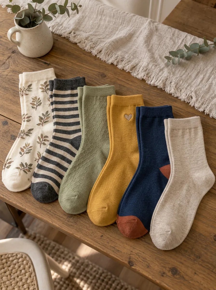 Women's Vintage Aesthetic Leaf Stripe Heart Printed 6-Pack Socks
