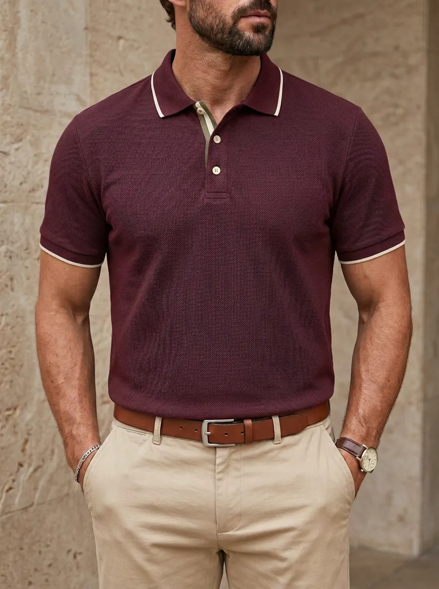 Men's Navy Blue Contrast Trim Textured Polo Shirt
