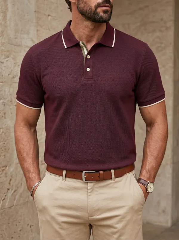 Men's Navy Blue Contrast Trim Textured Polo Shirt