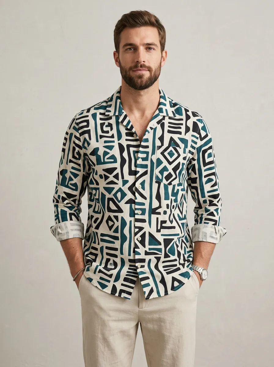 Men's Geometric Tribal Refined Printed Long Sleeve Shirt