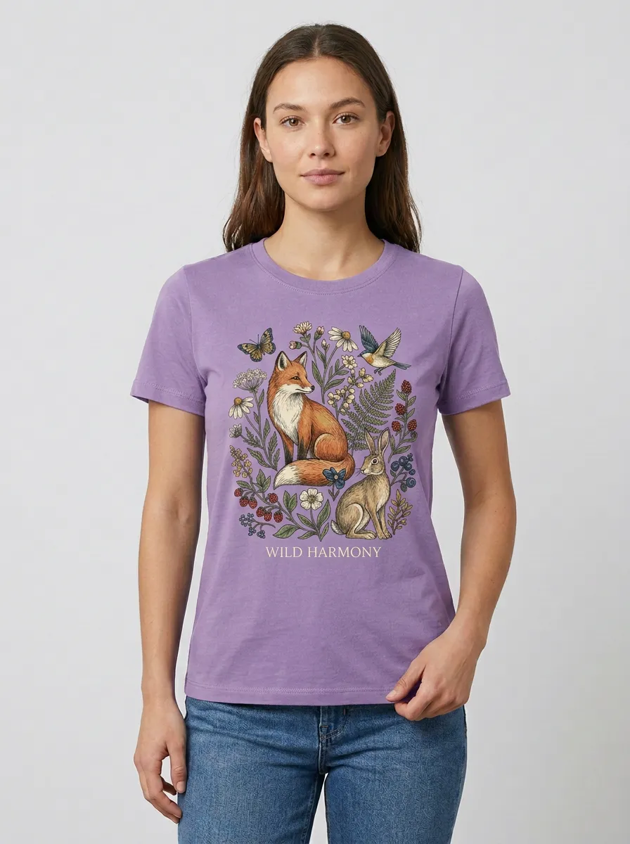 Women's Nature Lover Fox Rabbit Floral Printed T-shirt