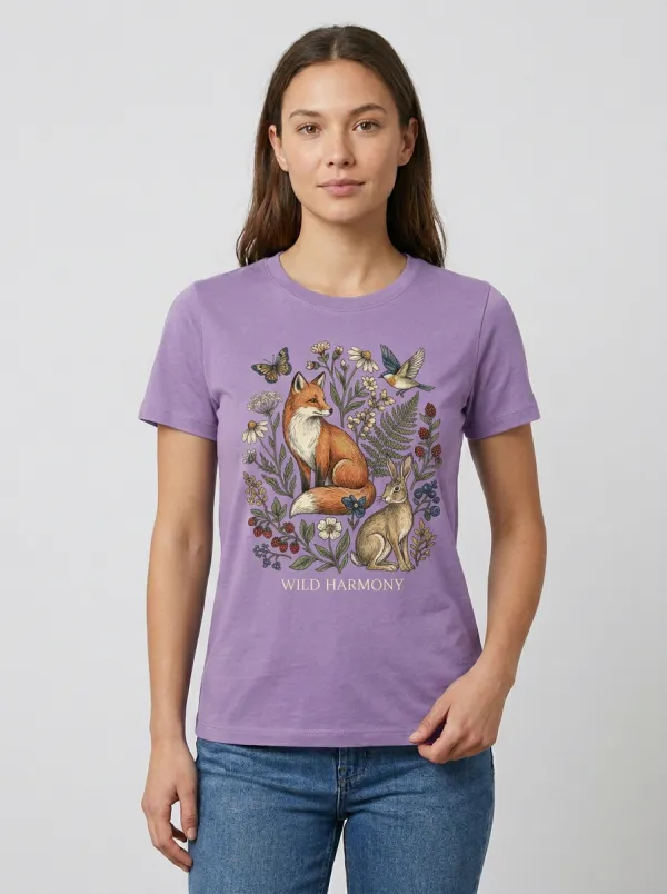 Women's Nature Lover Fox Rabbit Floral Printed T-shirt