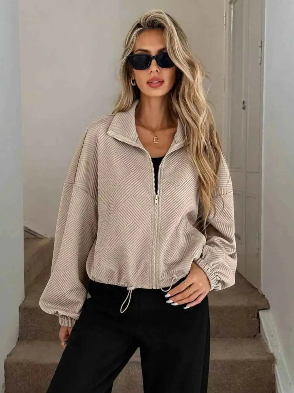 Drawstring Hem Textured Long Sleeve Jacket