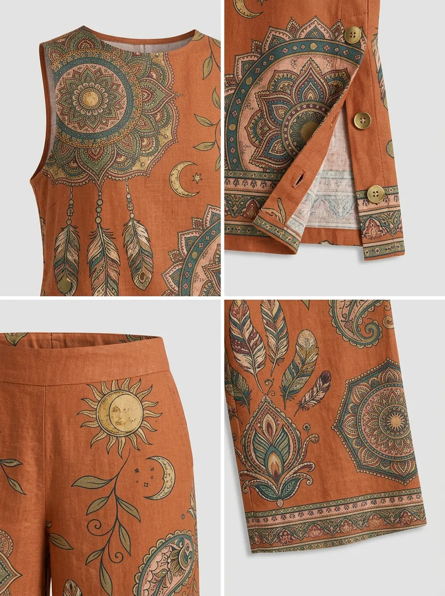 Women's Boho Mandala Feather Printed Sleeveless Set