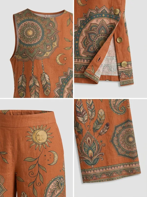 Women's Boho Mandala Feather Printed Sleeveless Set