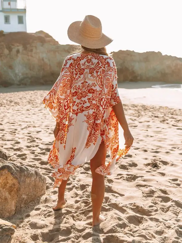 Mid Length Slit Chiffon Printed Sunscreen Swimsuit