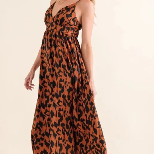 Leopard Print Plunge Maxi Dress